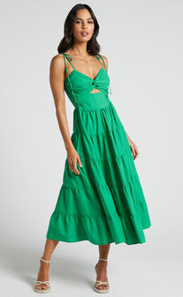 Leticia Midi Dress - Twist Front Tie Strap Tiered Dress in Green