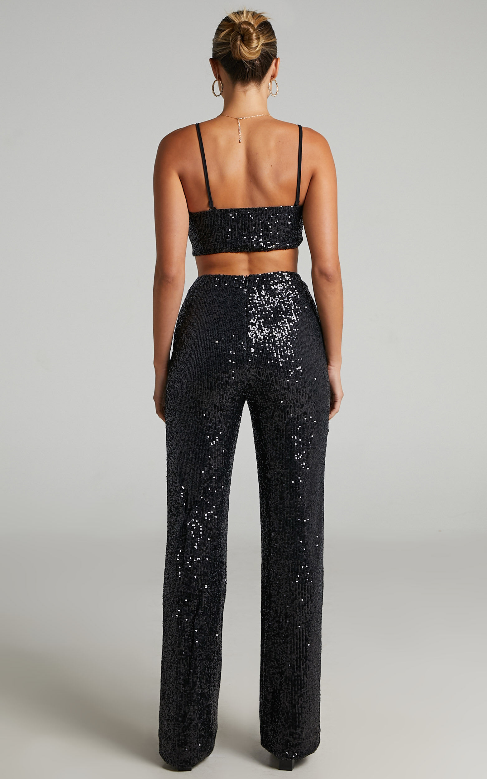 Imogen Two Piece Set - Bandeau Top and Straight Pants Set in Black Sequin