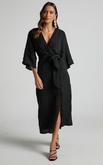 Hanlou Midi Dress - Long Sleeve Plunge Wrap Dress in Black