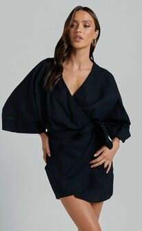 Meranda Mini Dress - V Neck 3/4 Sleeve Wrap in Black
