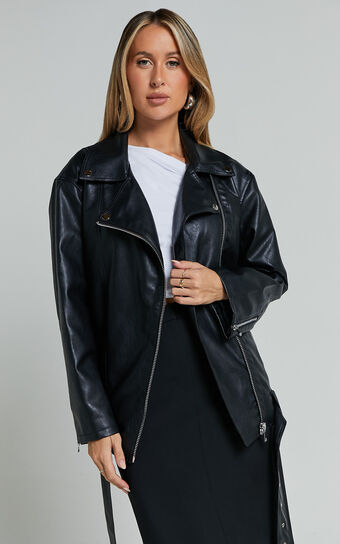 Ellery Faux Leather Jacket - Faux Leather Longline Belted Biker Jacket in Black