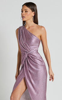 Davie Midi Dress - Metallic One Shoulder Front Wrap Dress in Soft Pink