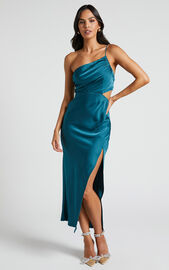 Jaylani Midi Dress - One Shoulder Thigh Split Gathered Satin Dress in ...