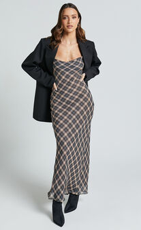 Celeste Midi Dress - Strappy Cowl Neck Slip Dress in Multi Check