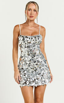Cleo Mini Dress - Circle Sequin Mini Dress in Silver