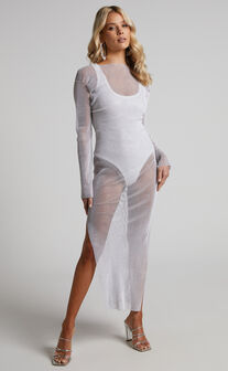 Karmen Midi Dress - Long Sleeve Split Diamante Mesh Dress in White