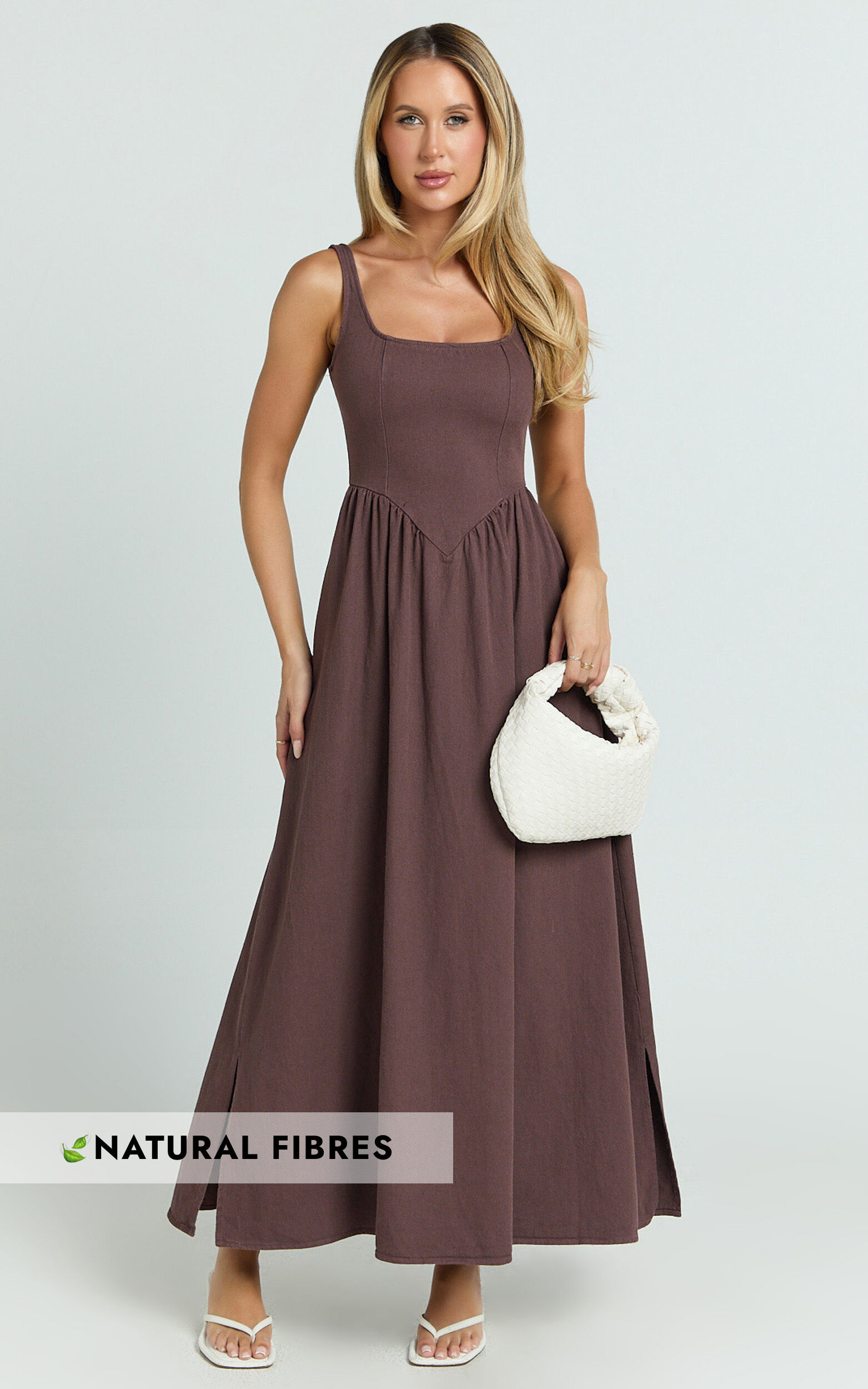 Rhaziya Midi Dress - Sleeveless Straight Neck Fit and Flare Dress in Chocolate - 06, BRN8