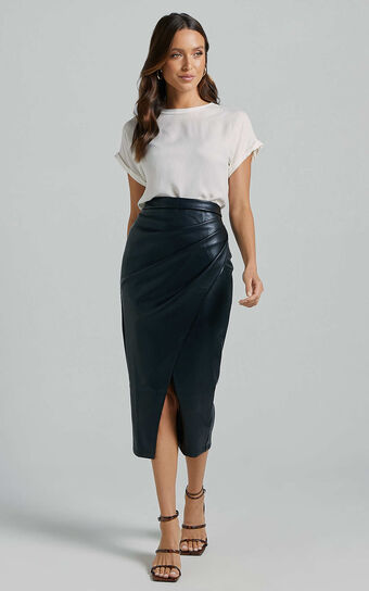 Gena Midi Skirt - Split Faux Leather Skirt in Black