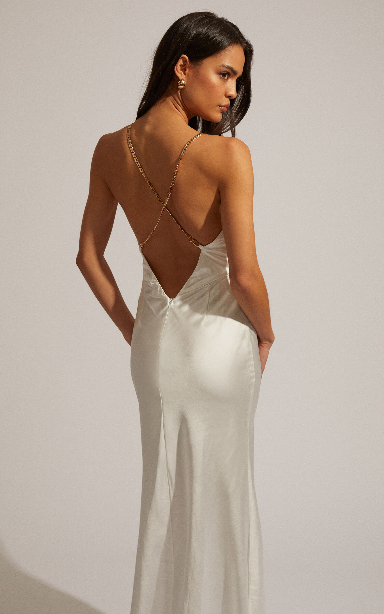 Plunge Halter Open-back Maxi Bias Bridesmaid Dress With Low Tie