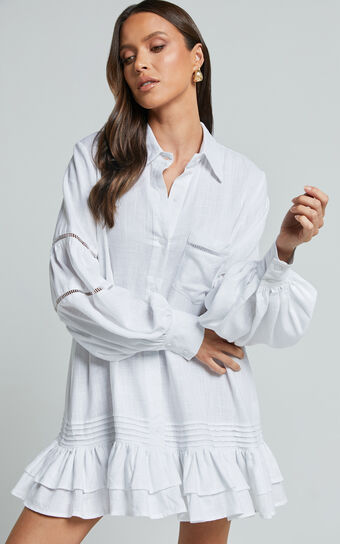 Edna Mini Dress - Linen Button Up Long Sleeve Shirt Dress in White