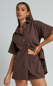 Vina Del Mar Two Piece Set - Linen Look Shirt and Shorts Set in Chocolate
