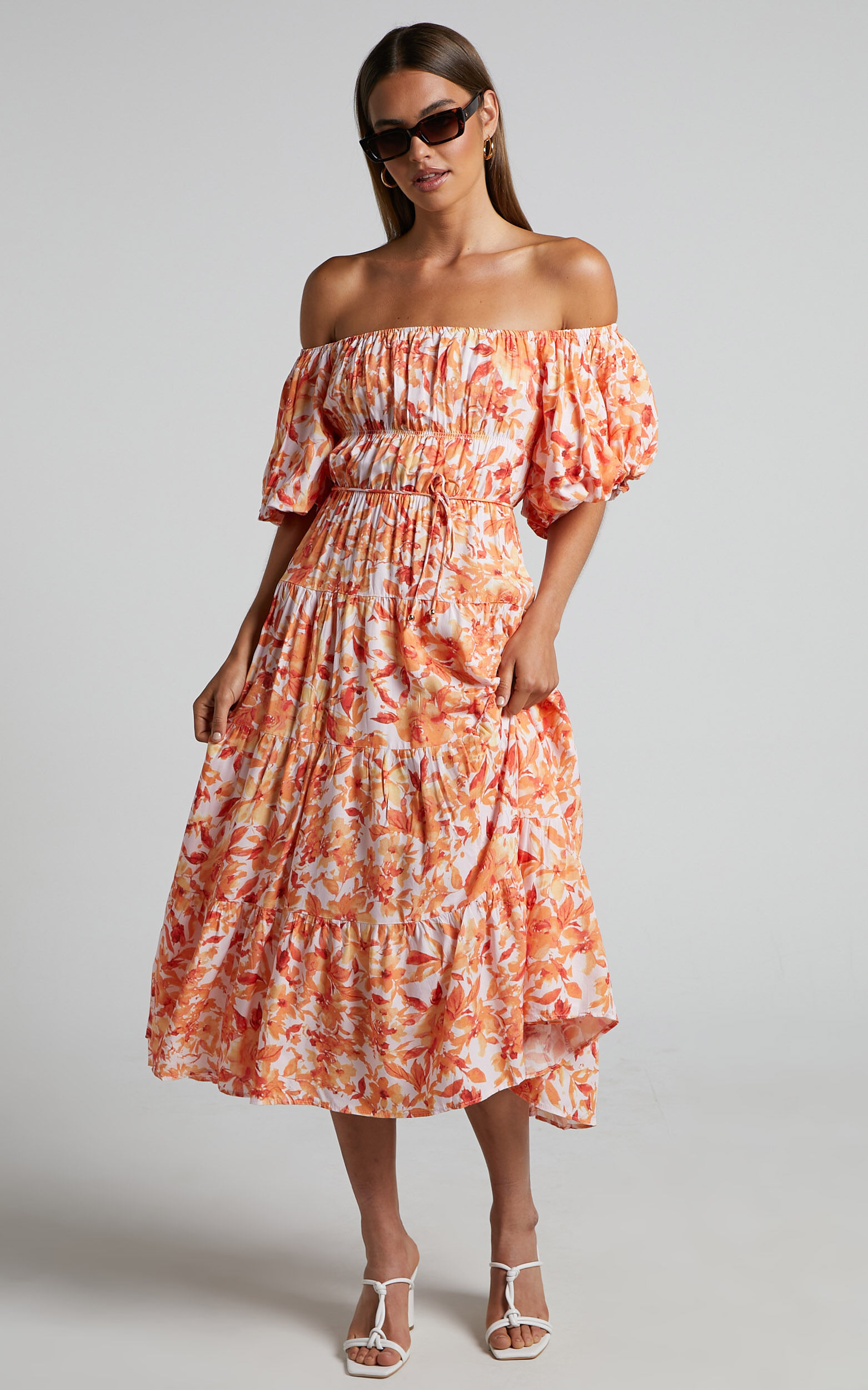 Delilah Midi Dress Off Shoulder Puff Sleeve Tiered Dress in Orange Floral Showpo NZ
