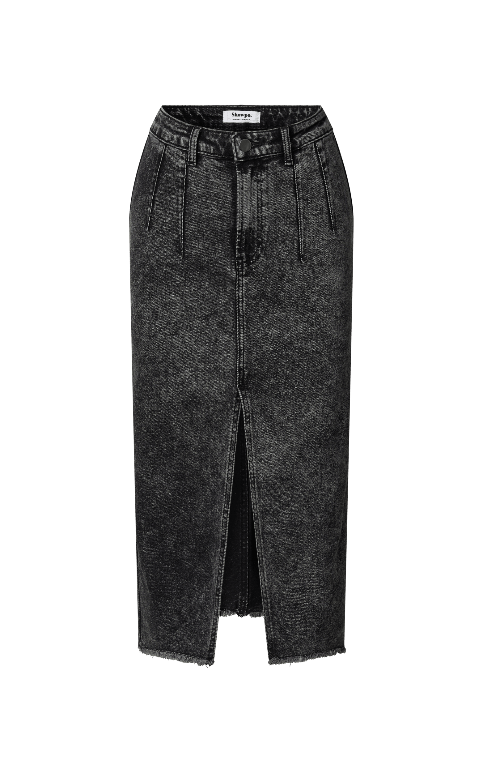 Janeve Midi Skirt Front Split Denim Skirt in Black Acid Wash Showpo EU