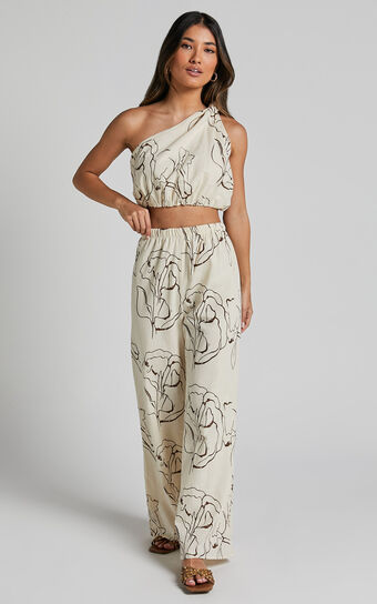 Jemima Two Piece Set - Linen One Shoulder Crop and Pants Set in Rust Floral