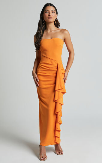 Ghamie Midi Dress - Strapless Ruffle Dress in Orange