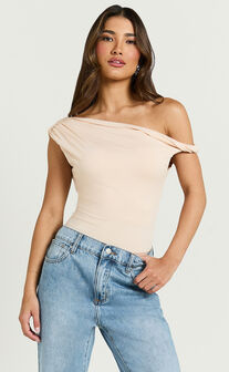 Jialeen Top - Off Shoulder Twist Asymmetrical Sleeve Top in Sand