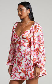 Frederica Tie Back Long Sleeve Mini Dress in Pink Swirl | Showpo USA