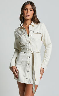 Enriquetta Mini Dress - Cotton Denim Long Sleeve Button Up Dress in Ecru