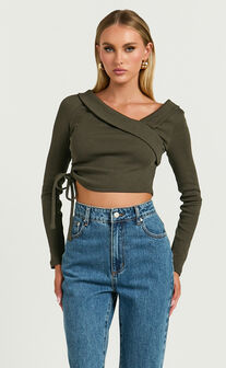 Keisha Top - Asymmetrical Long Sleeve Drawstring Top in Dark Olive
