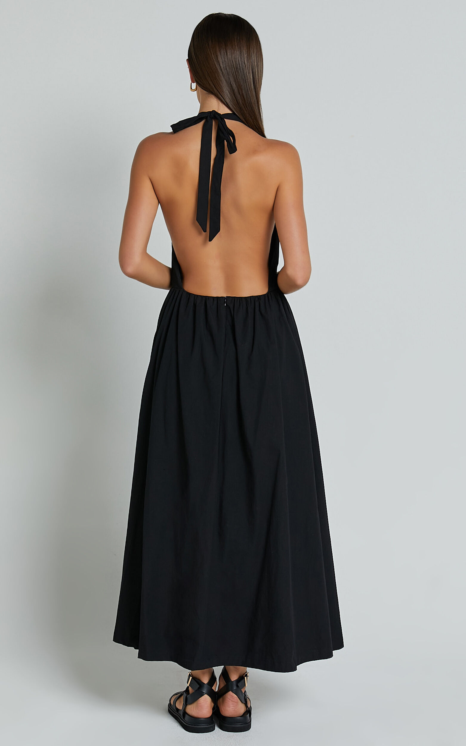 Dana Midi Dress Halter Neck Open Back Dress in Black Showpo