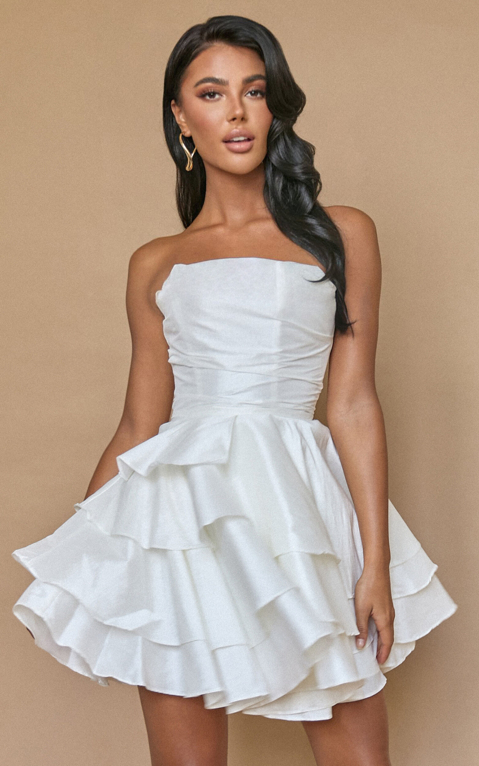 Allisyn Mini Dress - Strapless Tiered Flare Dress in White - 06, WHT1
