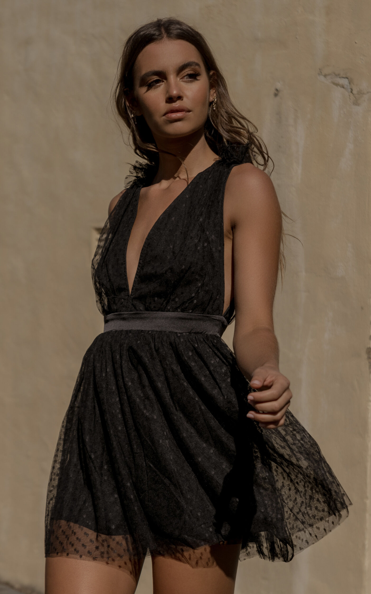 Mariabella Mini Dress - Tulle Plunge Dress in Black - 04, BLK1
