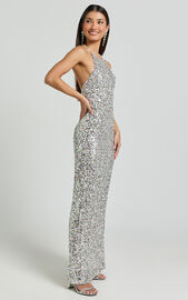 Frieda Maxi Dress - Halter Neck Cross Back Sequin Dress in Rainbow Silver | Showpo
