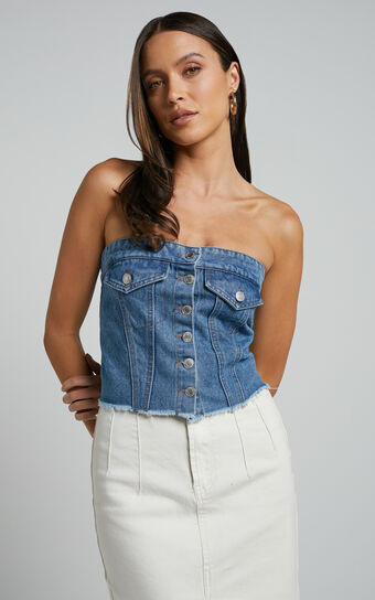 Aubrielle Bustier - Denim Bustier with Pocket Details in Mid Blue Wash