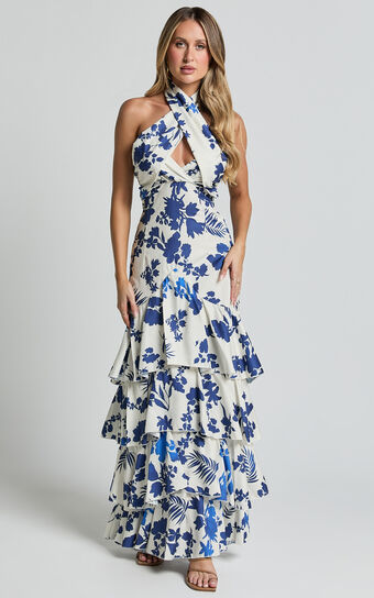 Talia Maxi Dress - Halter Neck Layered Dress in Blue and White Print
