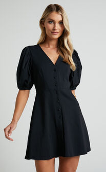 Rochelle Mini Dress - V Neck Button Through Dress in Black