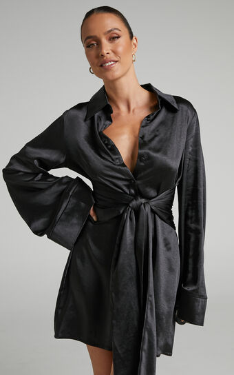 Hadid Mini Dress - Button Down Waist Tie Shirt Dress in Black