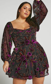 Jessell Mini Dress - Long Sleeve Cowl Corset Dress in Black Floral