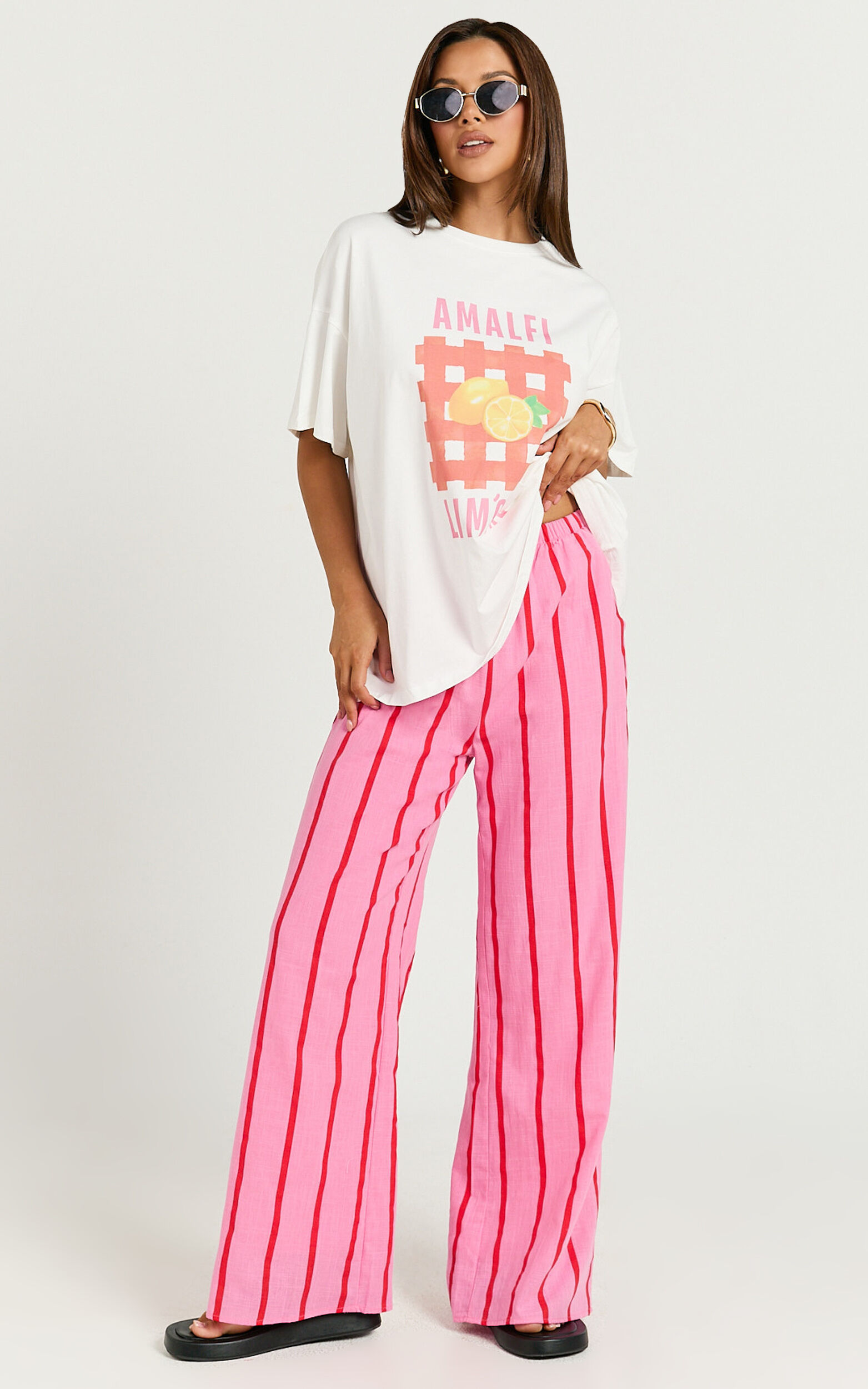 Gladiola Two Piece Set - Amalfi Limone Oversized Tee and Stripe Pant Set in Pink/Red - 06, PNK1