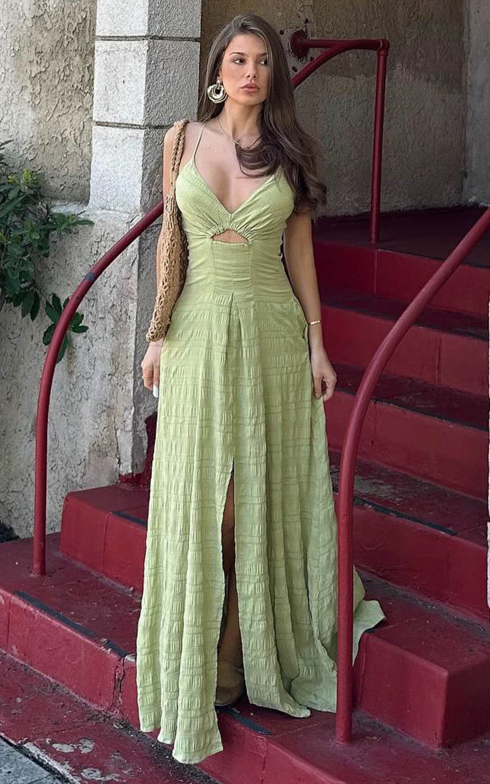 Marisse Maxi Dress - Cut Out Front Split Cross Back Textured Dress in Celery - 06, GRN4