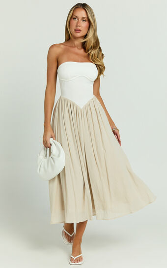 Helen Midi Dress - Drop Waist Strapless Dress in White & Beige