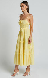 Schiffer Midi Dress - Strappy Ruched Tie Front Tiered Dress in Yellow ...