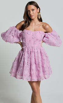 Amalie The Label - Lorena Sweetheart Off Shoulder Puff Sleeve Mini Dress in Purple