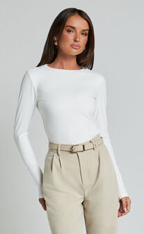 Alexie Top - Jersey Long Sleeve Scoop Neck Top in White