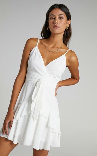 Feels Like Love Dress Mini Dress - Tie Waist Ruffle Detail Dress in White