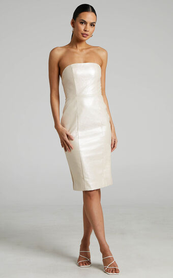 Reiko Midi Dress - Strapless Patent Faux Leather Dress in Oyster