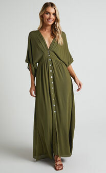 Sitting Pretty Midi Dress - Short Sleeve Button Down Dress in Olive