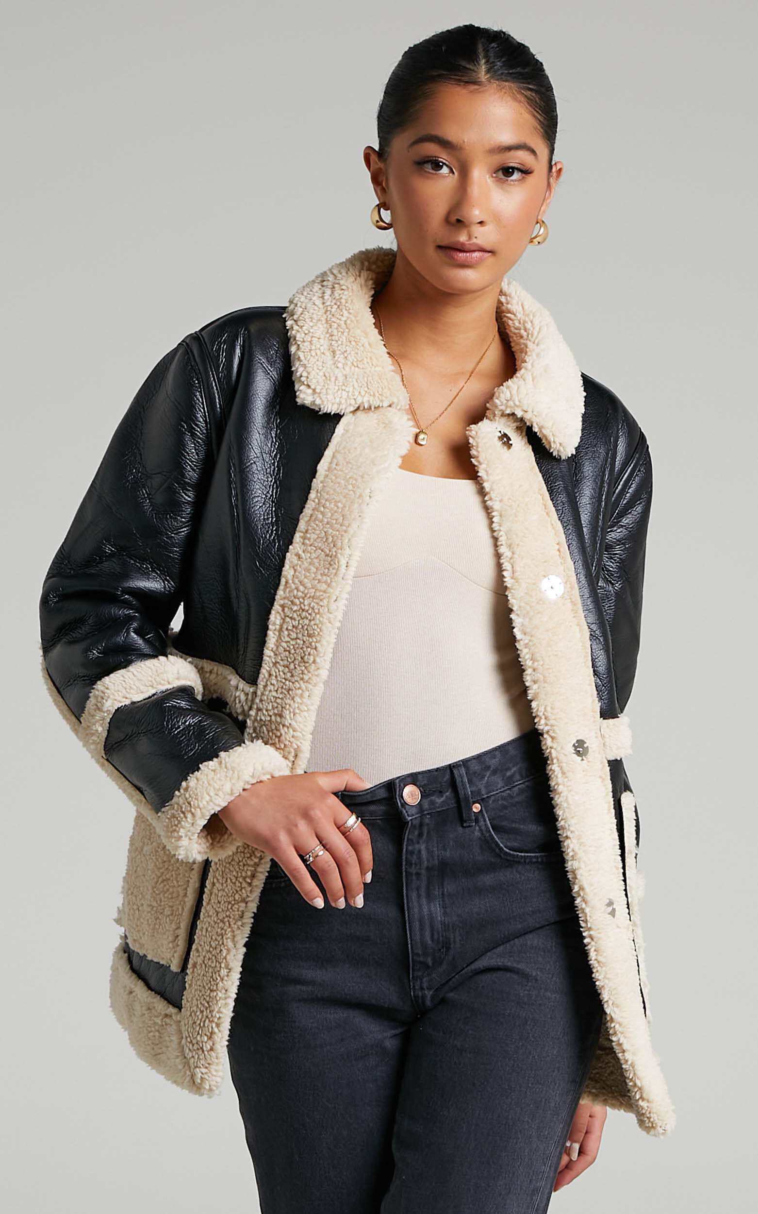 Ruth Jacket Faux Shearling Aviator Jacket in Black Showpo