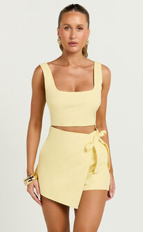 Polina Two Piece Set - Linen Square Neck Crop Top and Tie Waist Skort Set in Lemon