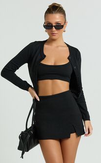 Allie Skort - High Waisted Thigh Split Mini Skort in Black
