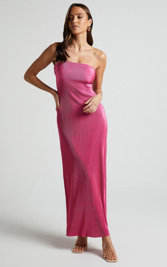 Alexis Midi Dress - Strapless Plisse Dress in Pink