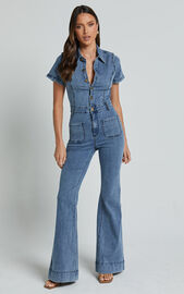 Silvena Jumpsuit - Short Sleeve Flared Denim Jumpsuit in Blue | Showpo