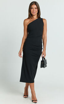 Monette Midi Dress - One Shoulder Straight Dress in Black