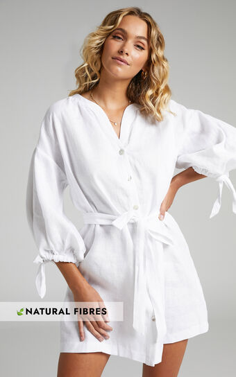 Amalie The Label - Bellafleure Linen Balloon Sleeve Relaxed Button Front Mini Dress in White