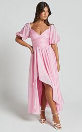 Dorothea Midi Dress - V Neck Puff Sleeve Ruched Bust in Pink | Showpo