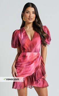 Eliza Mini Dress - Bishop Sleeve Button Front Dress in Blushing Haze